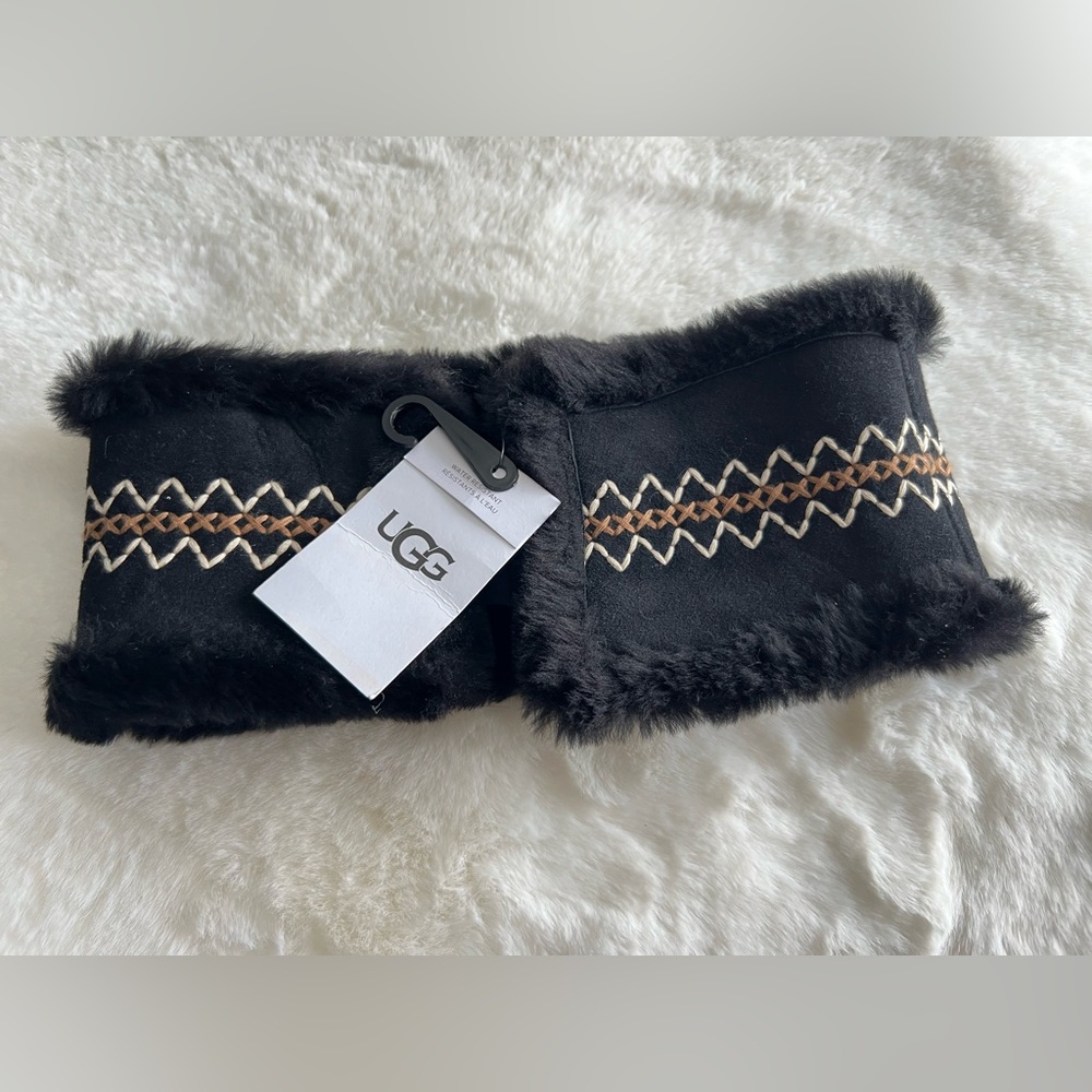 UGG Watherson Embroidered Headband Ear Warmer Black Shearling Fur NWT